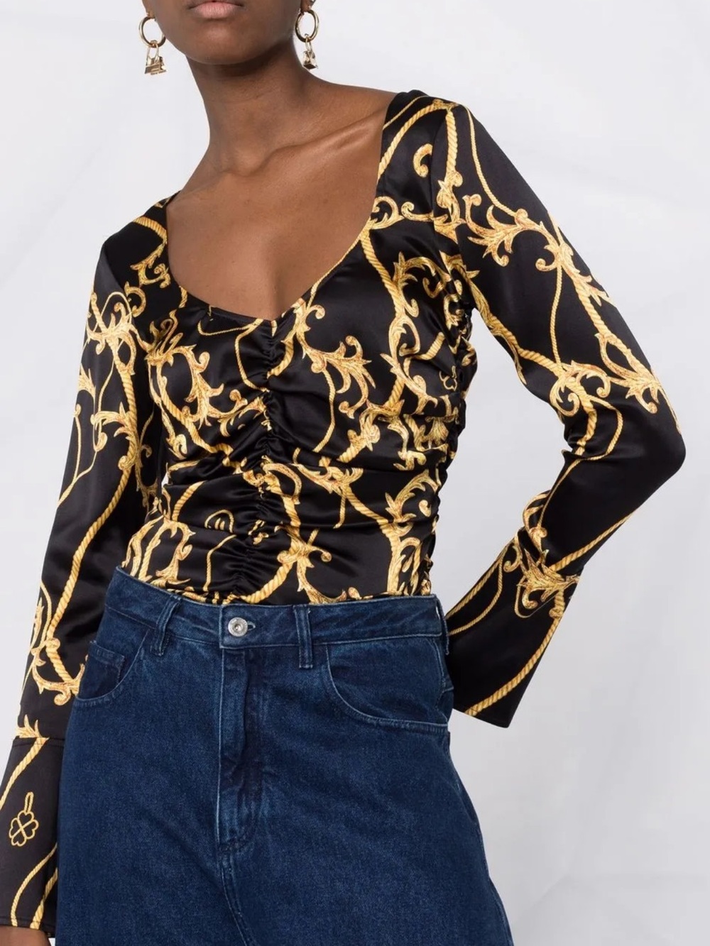 Ganni Black & Gold Baroque Ruched Scoop-Neck Top